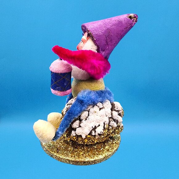 Vintage 1950s Japan Putz Elf Gnome Spun Cotton Lantern Purple Hat Christmas Deco - Picture 5 of 10